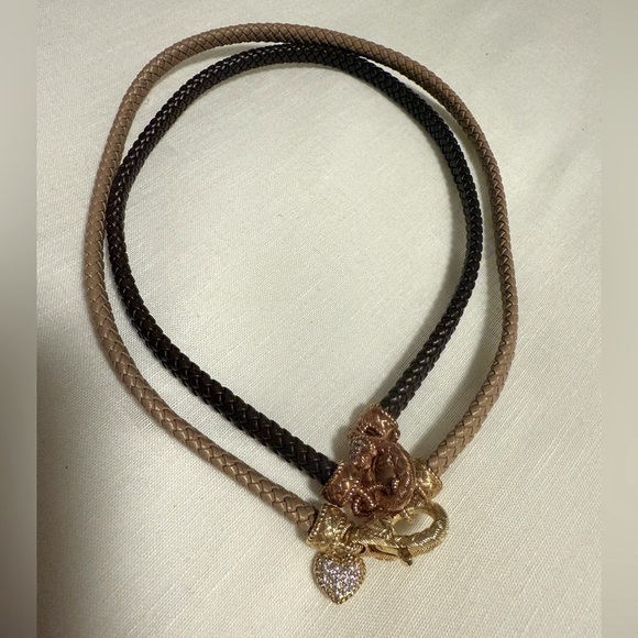 NWT QVC Heart Charm Necklaces Set | Gold & Rose Gold | Leather Cord Pair - Picture 6 of 6